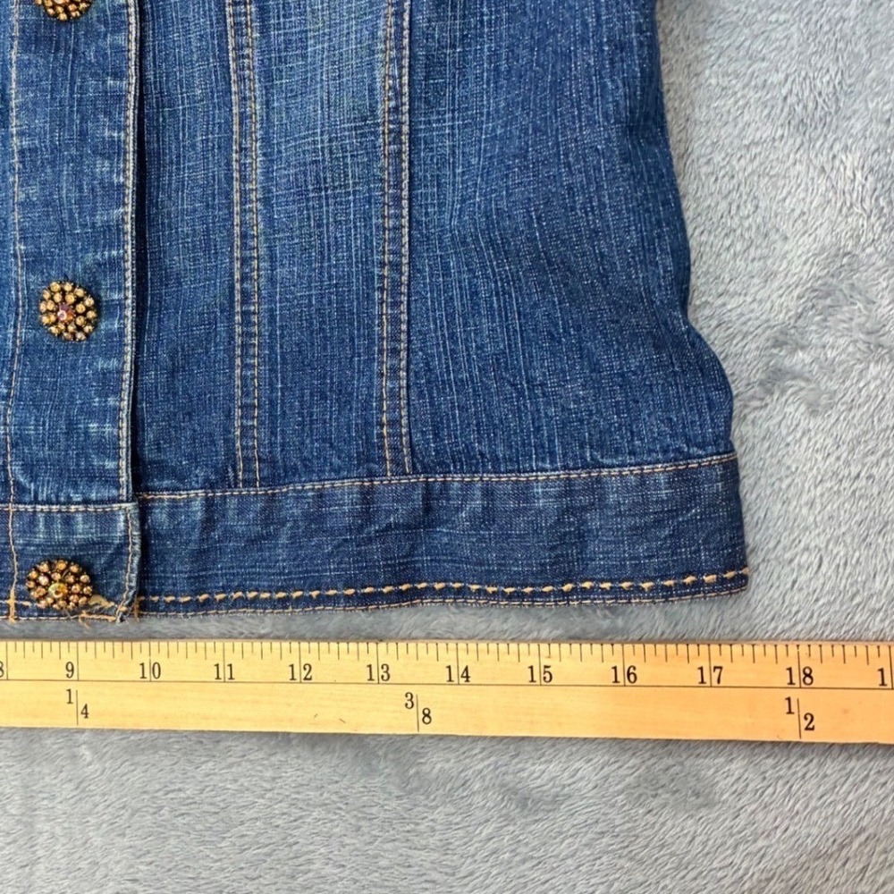 Nancy Bolen Denim Jacket Amber Bling Buttons Stretchy Cotton Blue Boho Western S - Picture 9 of 13